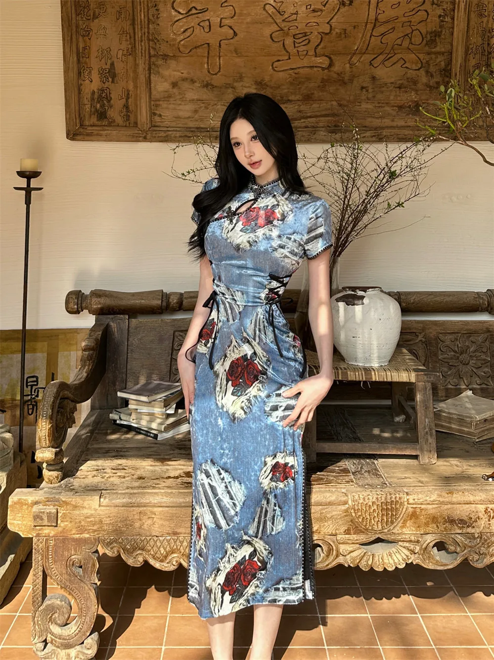 Vestido Qipao Largo de Mezclilla con Estampado de Terciopelo Original LiuLanui, Versión Mejorada, Estilo Vintage Hippie, El...