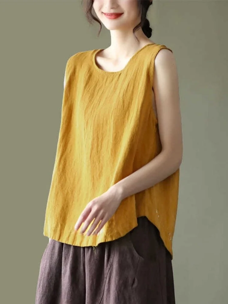 

Loose Casual Embroidered Cotton Linen Vest T-Shirt Women's Summer New Style Versatile Loose Fit Casual Cotton Linen Vest