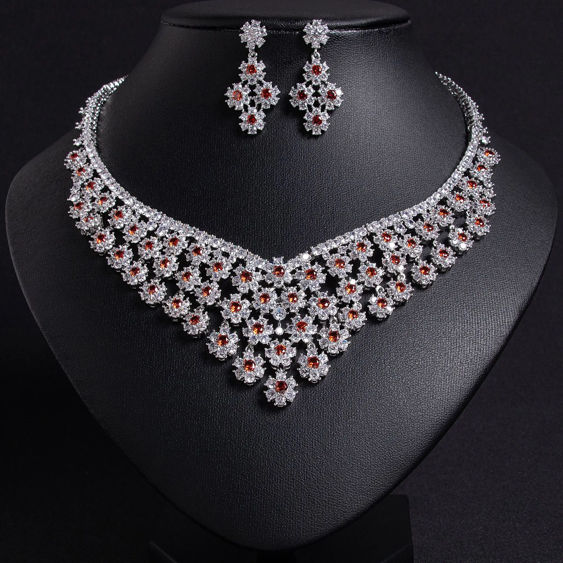 

Cubic Zirconia Indian Necklace And Earring Sets For Women Luxury Bridal Jewelry Sets Wedding Dubai Nigeria Prom Party Necklace