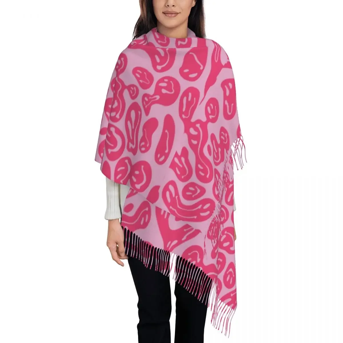 Stylish Pink Dripping Smiley Tassel Scarf Winter Fall Warm Shawl Wrap Lady Pink Girl  Letter Aesthetic Smiley Scarves