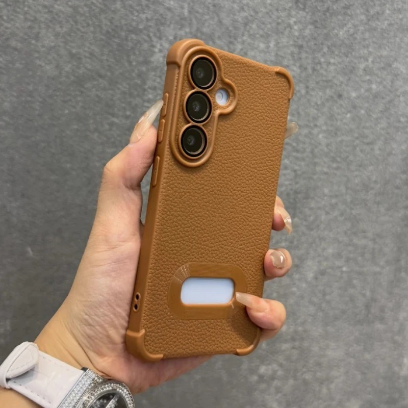 HOCE Luxury PU Leather Logo Hole Phone Case For Samsung Galaxy S25 S24 S23 Ultra Plus FE With Lens Film Shockproof Soft Cover