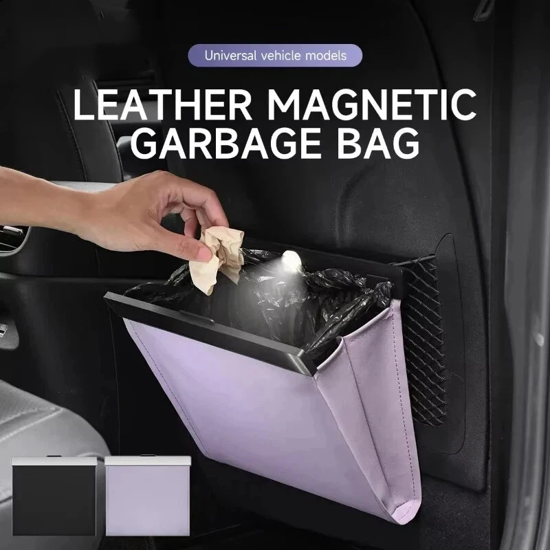 Car Garbage Bag With LED Magnetic Adsorption Waterproof PU Leather Back Seat Hanging Garbage Bag Trash Bin Auto Accessorie