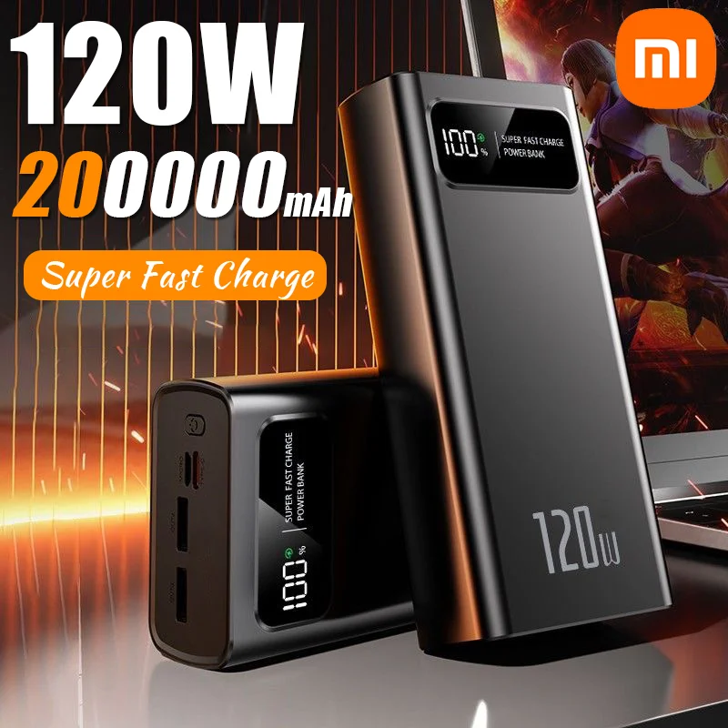 Xiaomi 200000 mAh Power Bank высокой емкости 120 Вт, сверхбыстрая зарядка аккумулятора, аккумулятор с цифровым дисплеем для Iphone, Samsung, Huawei