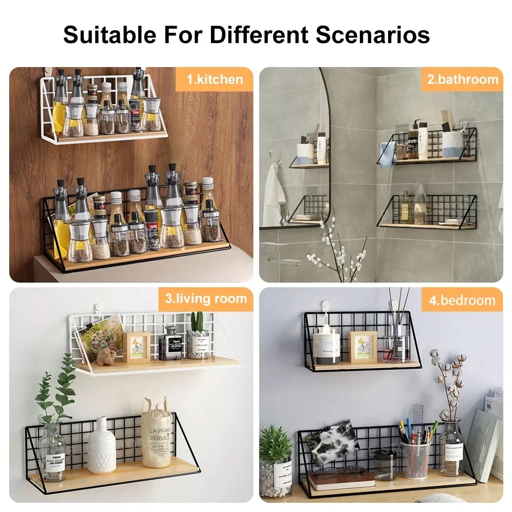 Simple Floating Shelf Wall Mounted Storage Basket Wood and Metal Combination No Drilling for Dorm Bedroom Bathroom Organizer