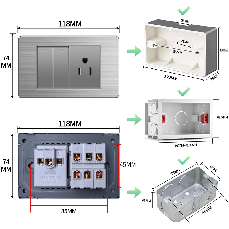 PSSRISE Brazil US Standard Wall Light Switch Power Socket with 5V 2.1A USB Type-c Port Stainless Steel Panel TV Computer Outlet