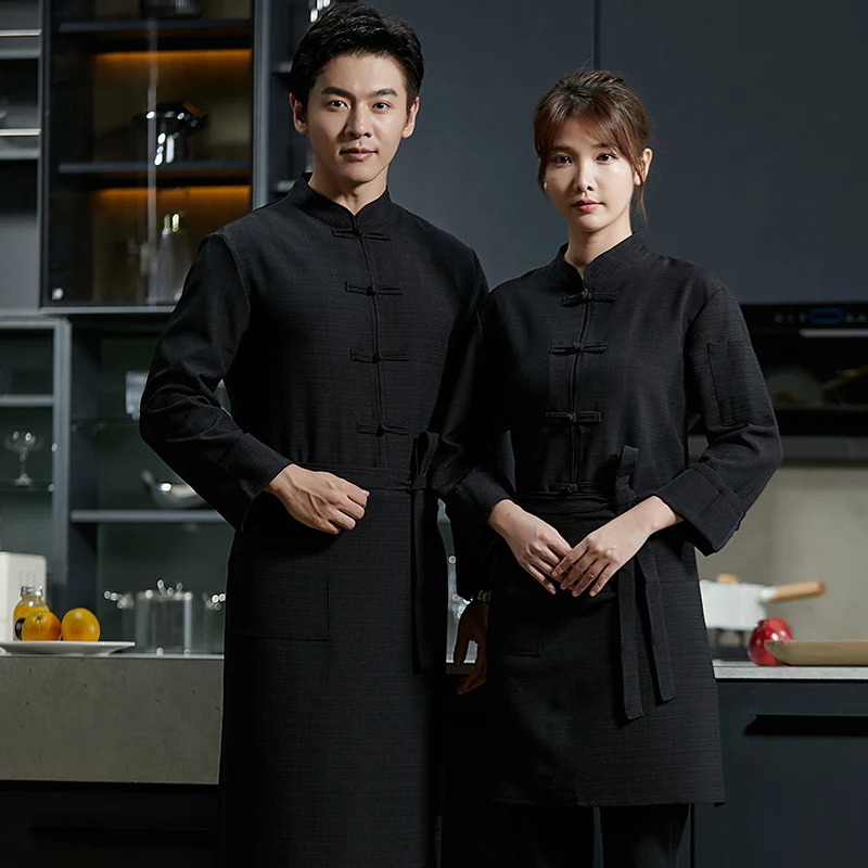 เสื้อเชฟผ้าลินินสีเทา เสื้อแจ็คเก็ตครัวสีดำขาว ชุดยูนิฟอร์มสำหรับงานจัดเลี้ยง โรงแรม ซูชิ เสื้อเชฟร้านอาหาร ชุดทำงานร้านเบเกอรี่ เสื้อพนักงาน