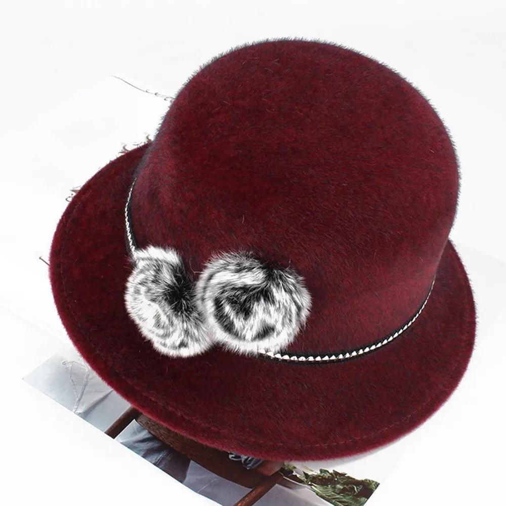 Fashion Imitation Fur Ladies Bucket Cap With Flower Casual Wool Hats Elegant Vintage Basin Hat Autumn Winter