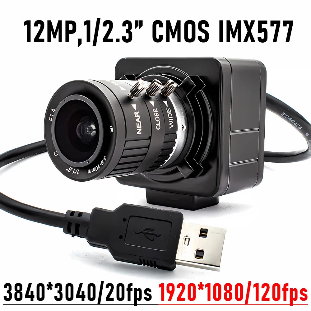 

12MP 20FPS IMX577 USB Camera 1080P 120FPS High Speed With 3.6-10mm Varifocal Lens Metal Housing UVC Plug And Play Machine Vision