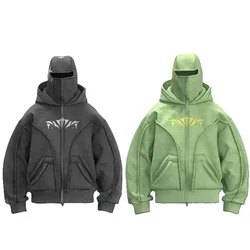 Y2K Zip up Hoodie Vintage Pattern Harajuku Double Hat high quality Oversized Sweatshirt new Men Women Hip hop Fashion Streetwear