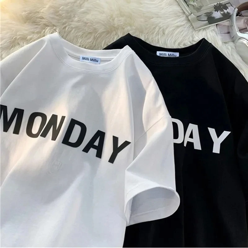 

Женская футболка больших размеров (до 300 фунтов) в корейском стиле, свободного кроя, с круглым вырезом, коротким рукавом, с буквенным принтом, простая, универсальная, летняя, повседневная.