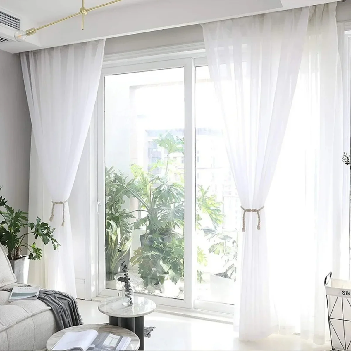 1pc Solid Color Through Pole Transparent Window Screen Simple Curtain Decoration for Living Room and Bedroom Cortinas De Ventana