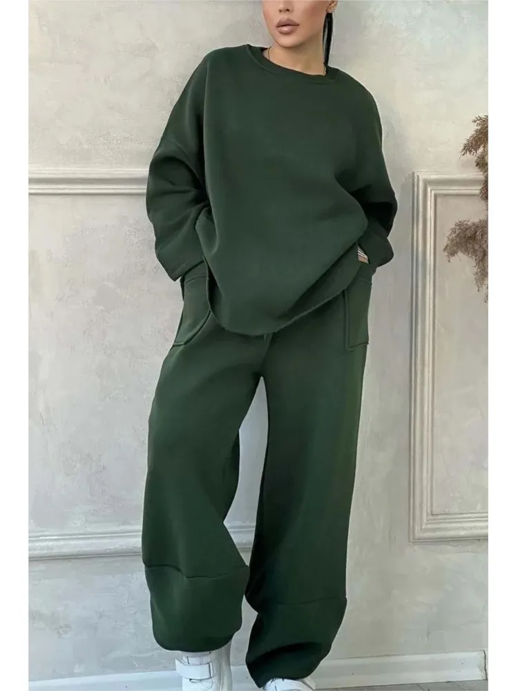 Autumn Winter Casual Loose Sweatshirt 2-piece Sets New Women\'s Round Neck Long-sleeved Pocket ​​trousers Sports Two-piece Suit