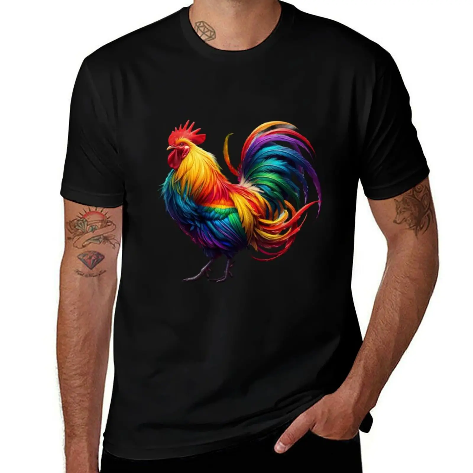 Rainbow filled Rooster cock T-Shirt Basic Casual Wear Short Sleeve Top T-Shirt