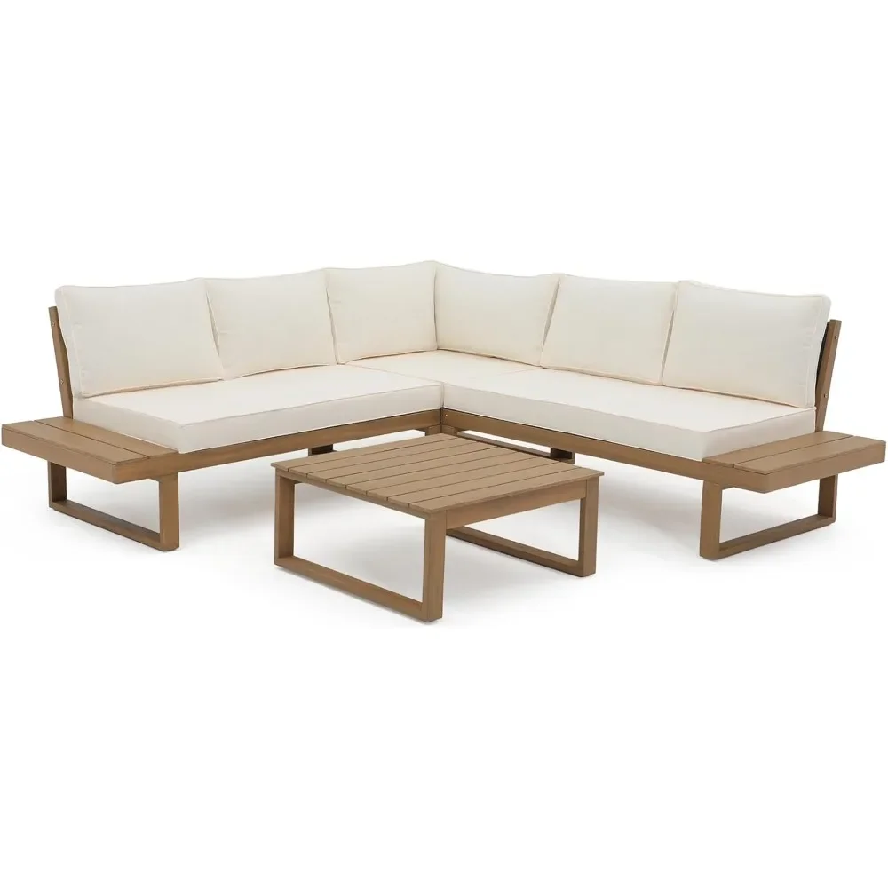 

4 Piece Acacia Wood Patio Furniture L-Shaped Sectional Sofa Set with Coffee Table, Built-in Side Table and Cream White Cushions