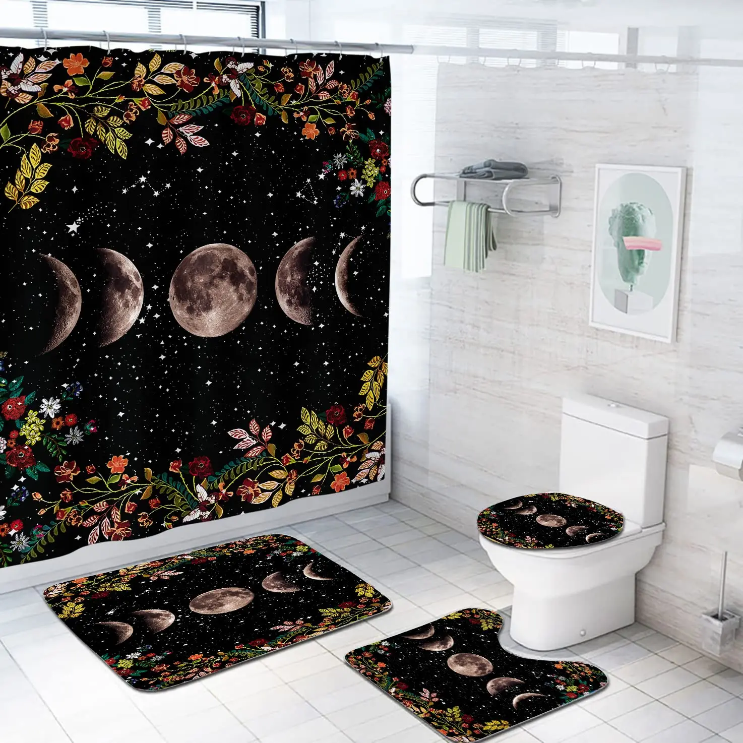 

Moon Phase Moonlit Shower Curtain Set Black Celestial Flower Floral Herbs Ivy Surrounded Vines Toilet Lid Cover Bath Mat Rug Set