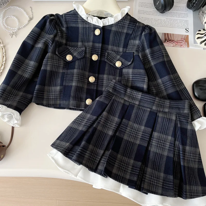 2-8Y Girls Sets Spring Plaid Suit Elegant Two-Piece Outfit Jacket + Skirt School Uniform Children's Luxury Style Kids Clothes