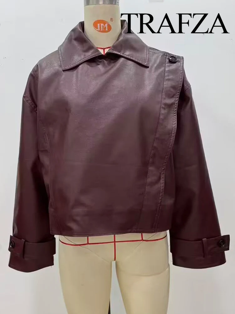 

TRAFZA Women's Autumn Fashion Versatile Skinny Leather Gloss Long Sleeve Coat Female Retro Locomotive Wind Casual Elegant Jacket