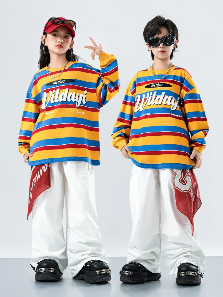 Kind Kpop Hip Hop Kleidung Orange Gestreiftes Sweatshirt Top Weiß Straße Fallschirm Cargo Hosen für Mädchen Junge Tanz Kostüme Kleidung