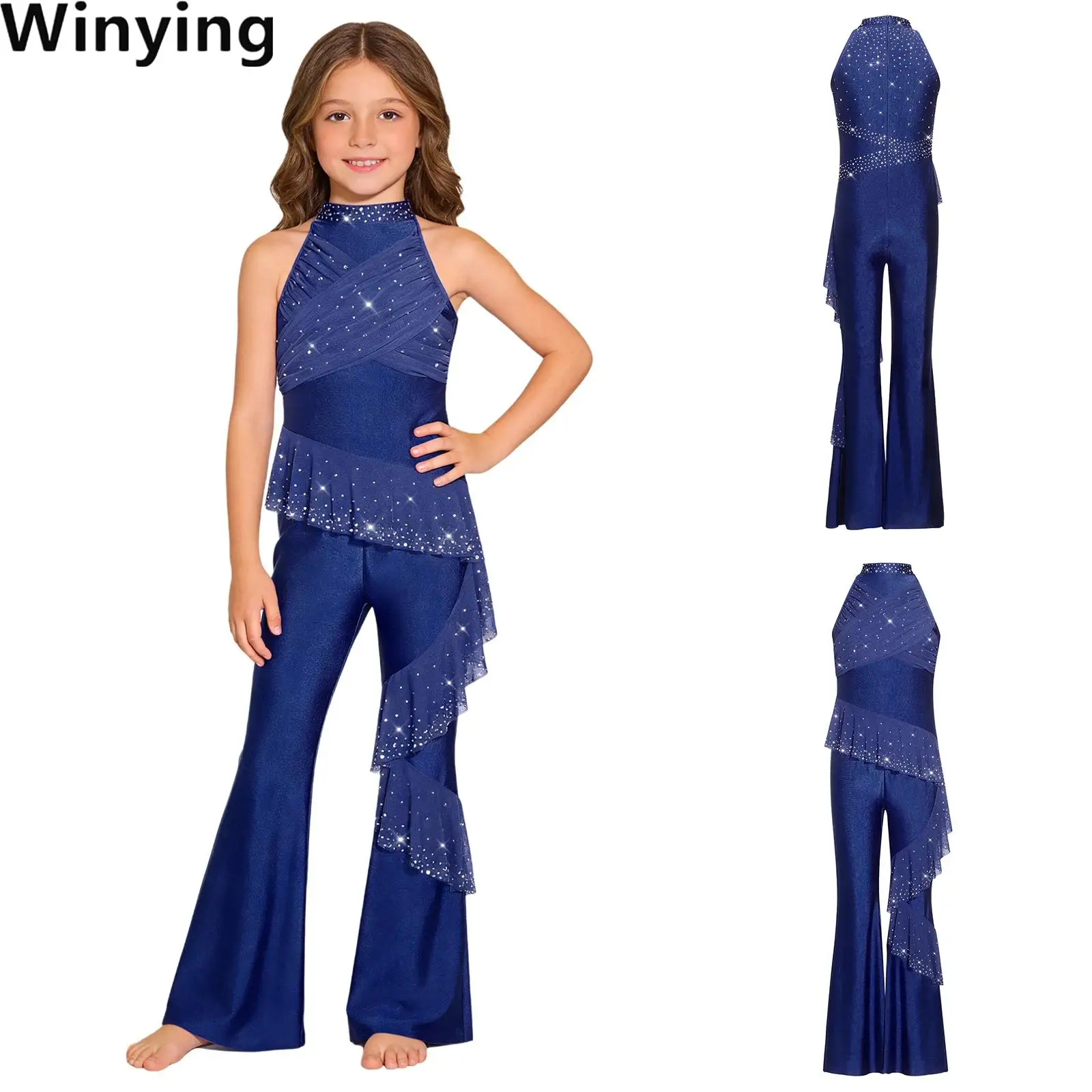 

Kid Girls Tango Latin Ballroom Dance Performance Jumpsuits Costumes Sleeveless Mesh Ruffles Bell-Bottom Bodysuit Gymnastic Dress