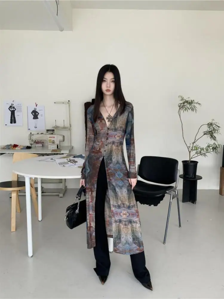 Yedinas Indie Folk Tie Dye Mesh Tops Long Shirt Women Clothes Long Sleeve Thin V-neck Button Up Blouses Slim Sunscreen Clothing