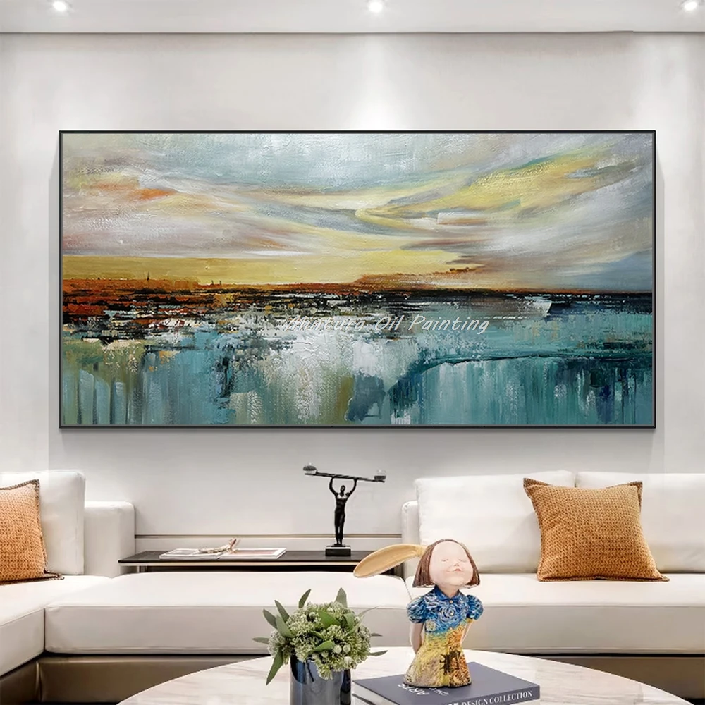 Mintura,Handpainted Lake view Landscape Oil Painting on Canvas Abstract Gold Art Posters Wall Picture for Living Room Home Decor