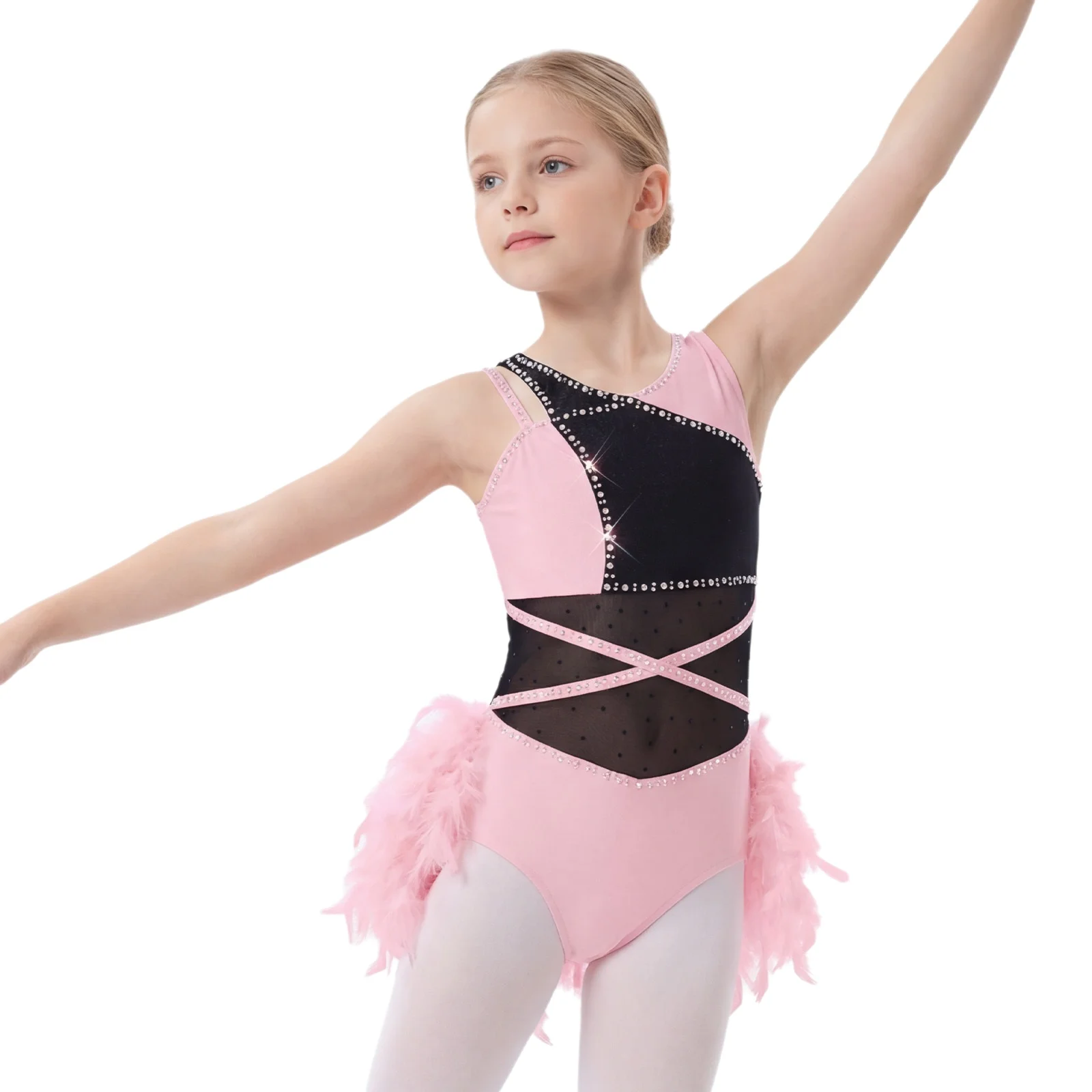 Kids Girls Ballet Dance Rhinestones Leotards Feather Skirt Dresses Bodysuit for Modern Lyrical Contemporary Performance Costumes