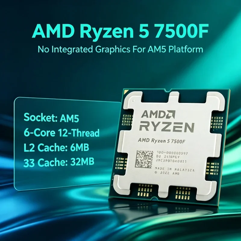 Video Editing CPU R5 7500F Zen 4 6C12T 5.0GHz Boost 32MB L3 PCIe 5.0 NVMe AM5 Processor