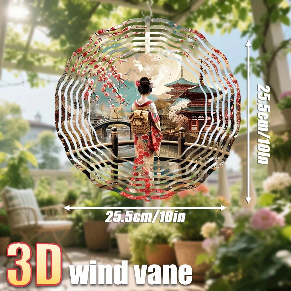CIFBUY 3D Japanese Woman Wind Chime Metal Spinner with 360 Rotating Hook Sakura Temple Hanging Ornament for Garden Patio Outdoor