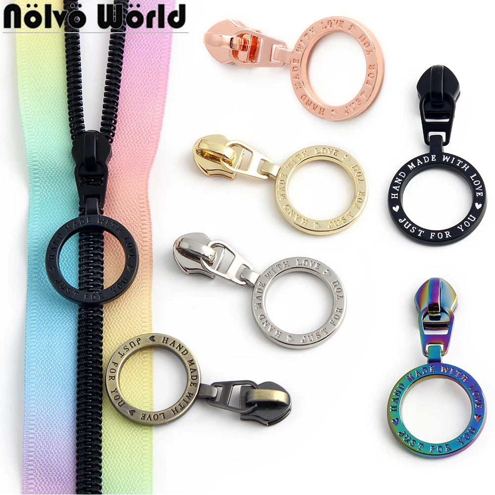 10/30/100PCS 5# Nylon Metal Round Zipper Puller For Purse Clothes Bags Shose Removable Zipper Head Engraved Handmade Accessories