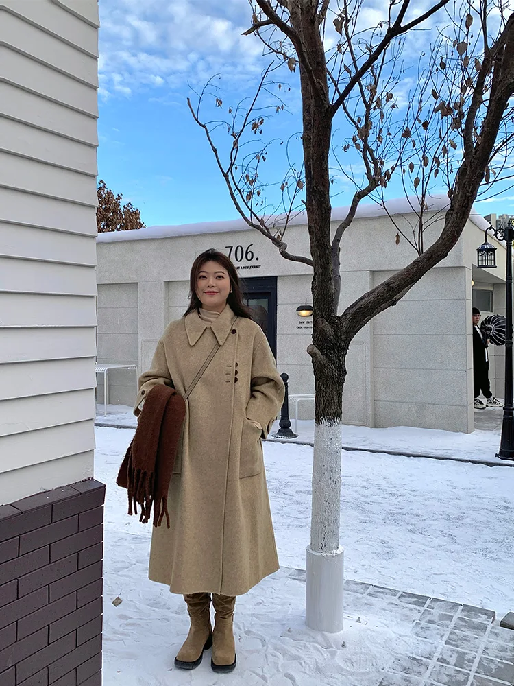 

Lin Da Hui Double-Faced Camere Coat Women's Winter Korean Sle plus Size Slimming Woolen Outerwear Mid-Length Jaet