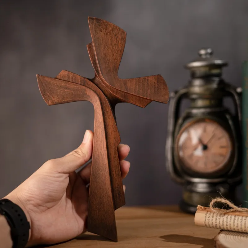 Christian Wooden Cross on Wall Big Cross Decoration Crafts, Vintage Solid Wood Carving Suitable for Room Home Gift