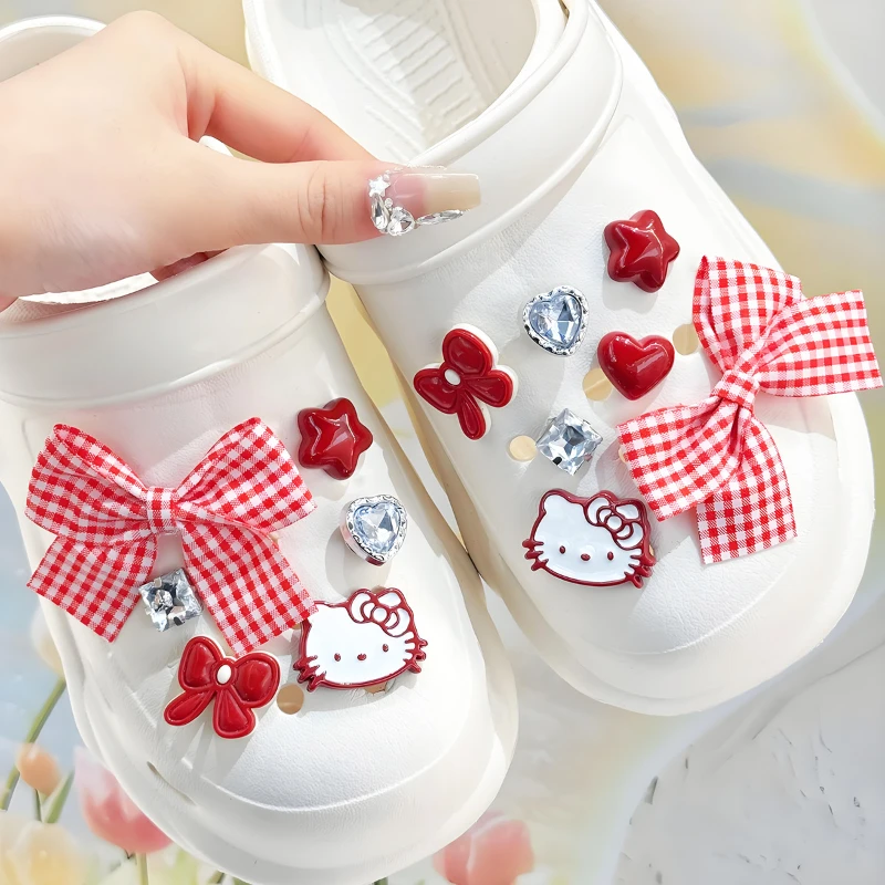 New 13PCS Cute Mesuca Bow Hello Kitty Set Shoe Charms For Clogs Detachable Buckle Shoes Accessories Party Gifts Favors