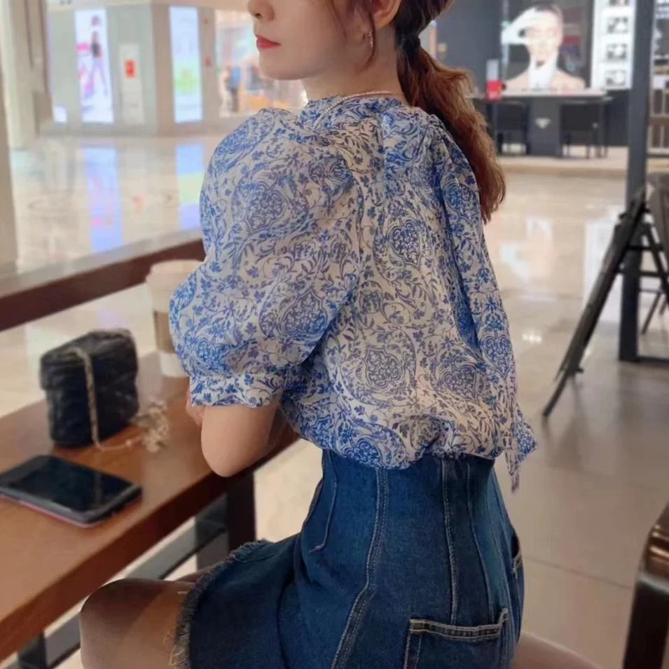 Neploe Bubble Sleeve Chiffon Blusa Feminina 2024 Summer New Solid Bow Tie Shirt Japanese Stand Collar Sweet Slim Fit Blouses