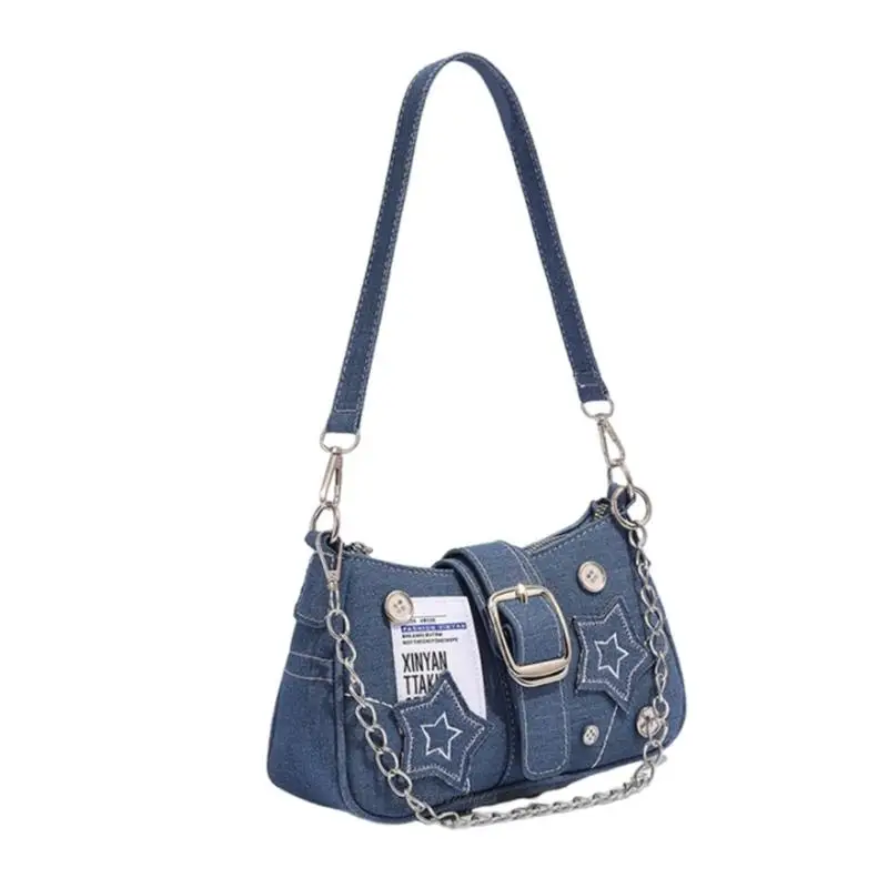

X5XA Summer Bag Womens Chain Armpit Bag Star Shoulder Bag Denims Underarm Bag Fashion Aesthetic Handbags Girls Top Handle Purse