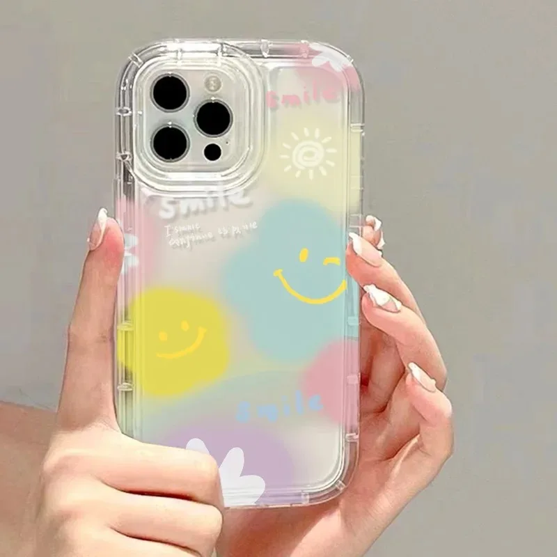 Transparent Soft Adhesive Phone Case, Colorful Flower Smiley for iPhone 16, 15, 14Pro Max, 13, 12Pro, 11, Proof Fall