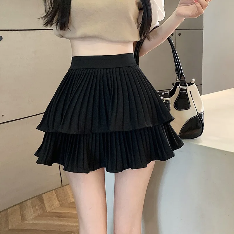 

summer cascading Pleated A-line Skirt White black Women Ruffles Sweet Preppy Style Elastic Waist Slim Thin Simple Casual skirts