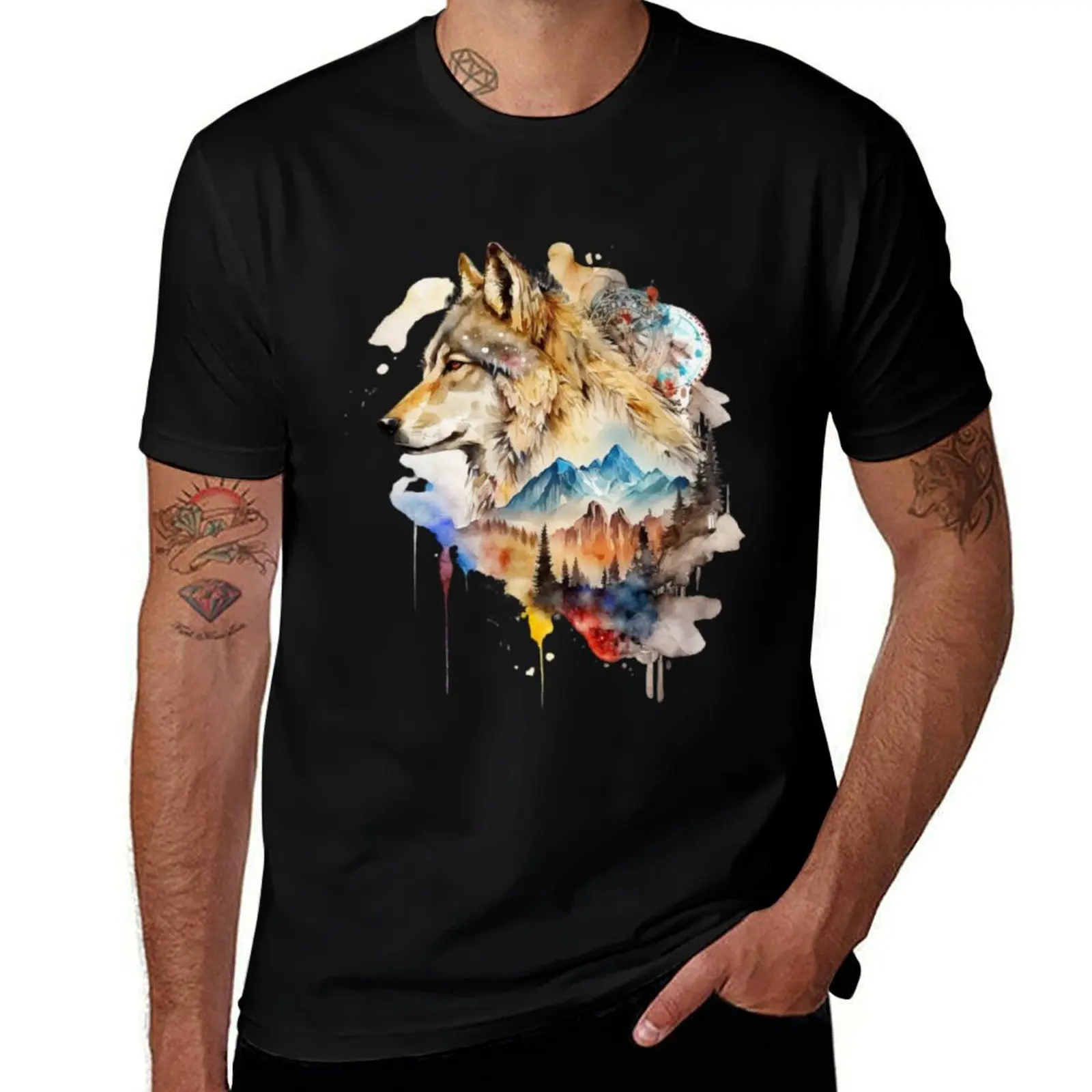 Wolf With American Native Indian Vibes Watercolor WIth Forest Mountains T-Shirt kawaii clothes vintage clothes men clothes