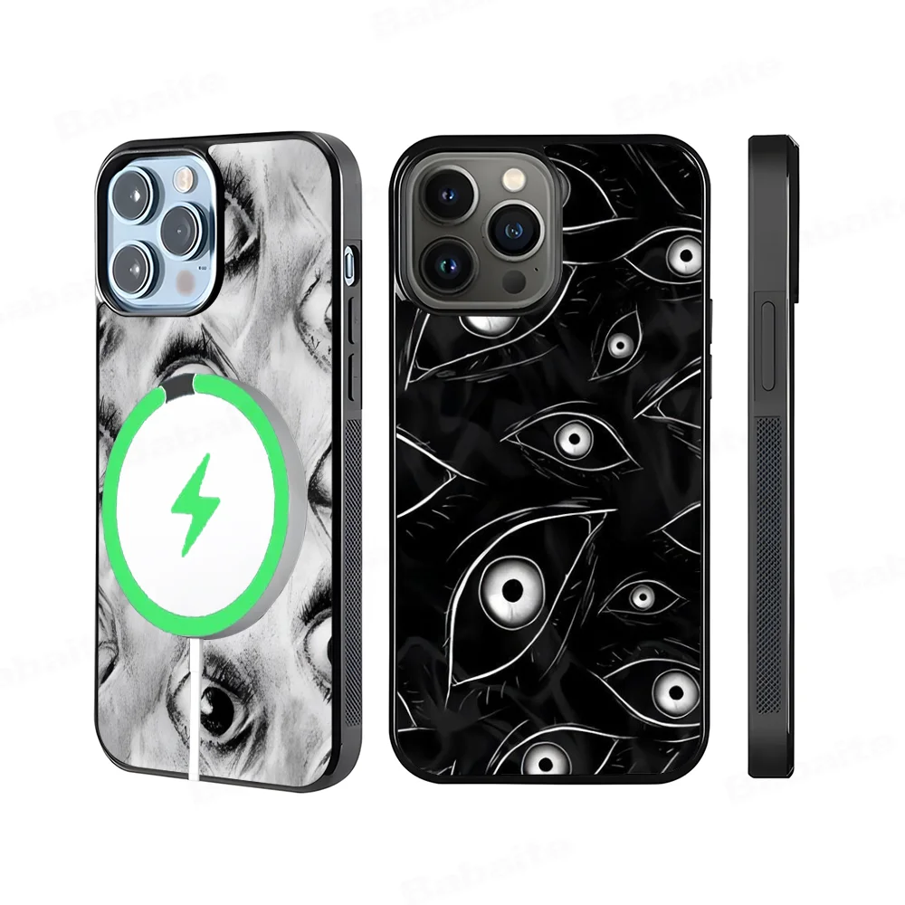 Black Scary Ghost Eye Monstrous Line Art Phone Case Magesafe Magnetic Wireless Charge Case For iPhone 16 14 Pro Max Plus Mini