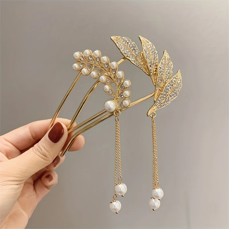 Leaf Alloy Hairpin Elegant Imitation Pearl Tassel U-shaped Hair Fork Ancient Style Exquisite Back Head Plate Hair Accessories