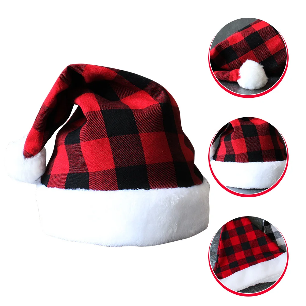

Christmas Santa Hat Plaid Design Adult Unisex Cloth Xmas Party Hat Warm Padded Lining Costume Accessory Holiday Gift