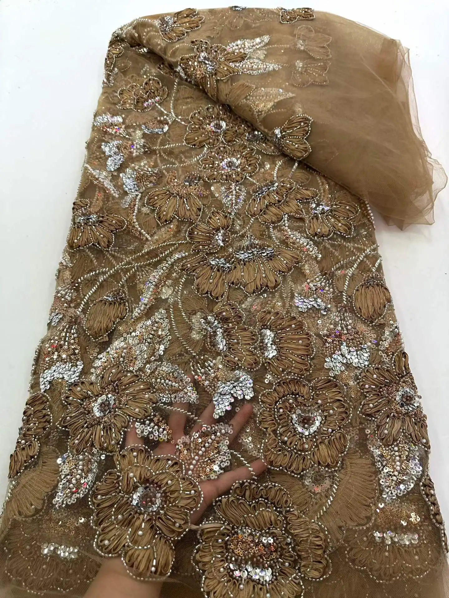 

Pink African Lace Fabric Sequins Beaded Embroidery Groom Nigerian Bridal High Quality French Tulle Lace Fabric For Wedding Party