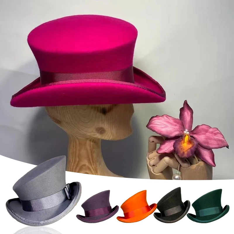 Asymmetric Cashmere Top Hat Women Men Wool Caps Steam Punk Top Hat Fashion Party Decor Ribbon Sheep Felt Hat Mens Magic Cap