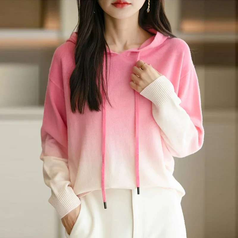 

Women Clothing Gradient Print Chic Sweet Hooded Knitted Sweater Simple Hoodie Long Sleeve Loose All Match Pullover Tops Jumper