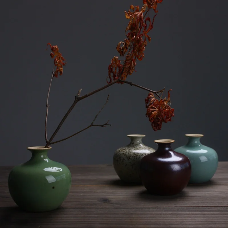 ★Jingdezhen Handmade Ceramic Vase Handmade Coarse Pottery Color Glaze Antique Flower Flower Container Table Art Decoration