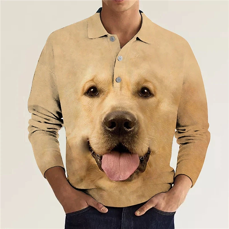 Men's Animal Dog Pattern Polo Shirts Long Sleeve Casual Funny Polo Shirt Streetwear Mens Plus Size Button Turndown Tshirt