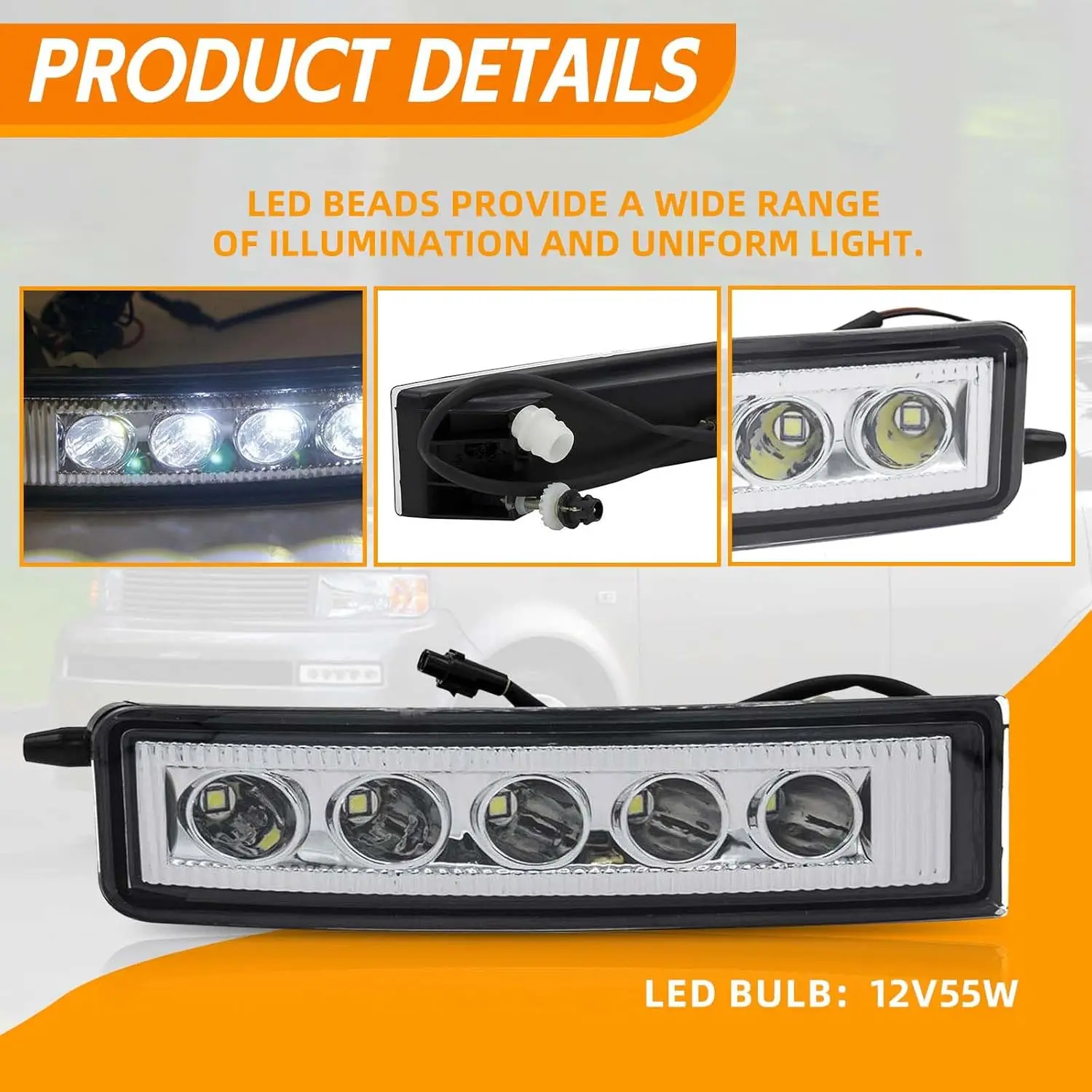 Front Bumper Running LED Light Clear Lens 2Pcs LH+RH Replacement Kit with Led Bulb and Wiring Harness for 2003-2007 Scion XB