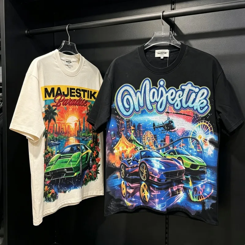 Colorful Racing Print Urban Ferris Wheel Pattern MAJESTIK Tshirts Rhinestone Letter Worn Out Short Sleeve Tops Men Women Outfit