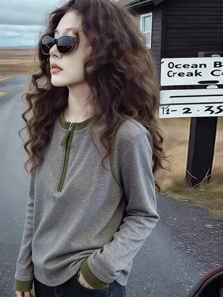 Slimming Effect Half Zip Long Sleeve Base Shirt Women's Fashionable Color Block Commute Style Autumn New Arrival Top
