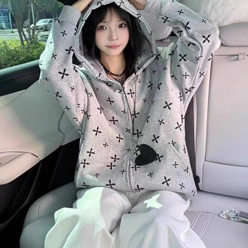 American Retro Full Print Women's Zipper Sweatshirt 2025 Autumn Winter New Design Loose Fit Slimming Versatile Hoodie Couples