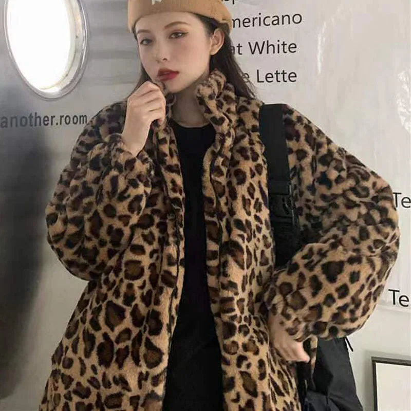 Damska kurtka w panterkę ze stójką, ciepłe parki, koreańska odzież wierzchnia, luźne płaszcze ze sztucznego futra, kobieta, jesień, zima, nowość,